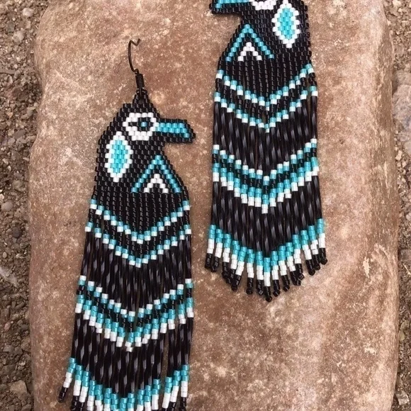 Turquoise Native Raven Beaded Earrings, New, Handmade by Me - Picture 4 of 5